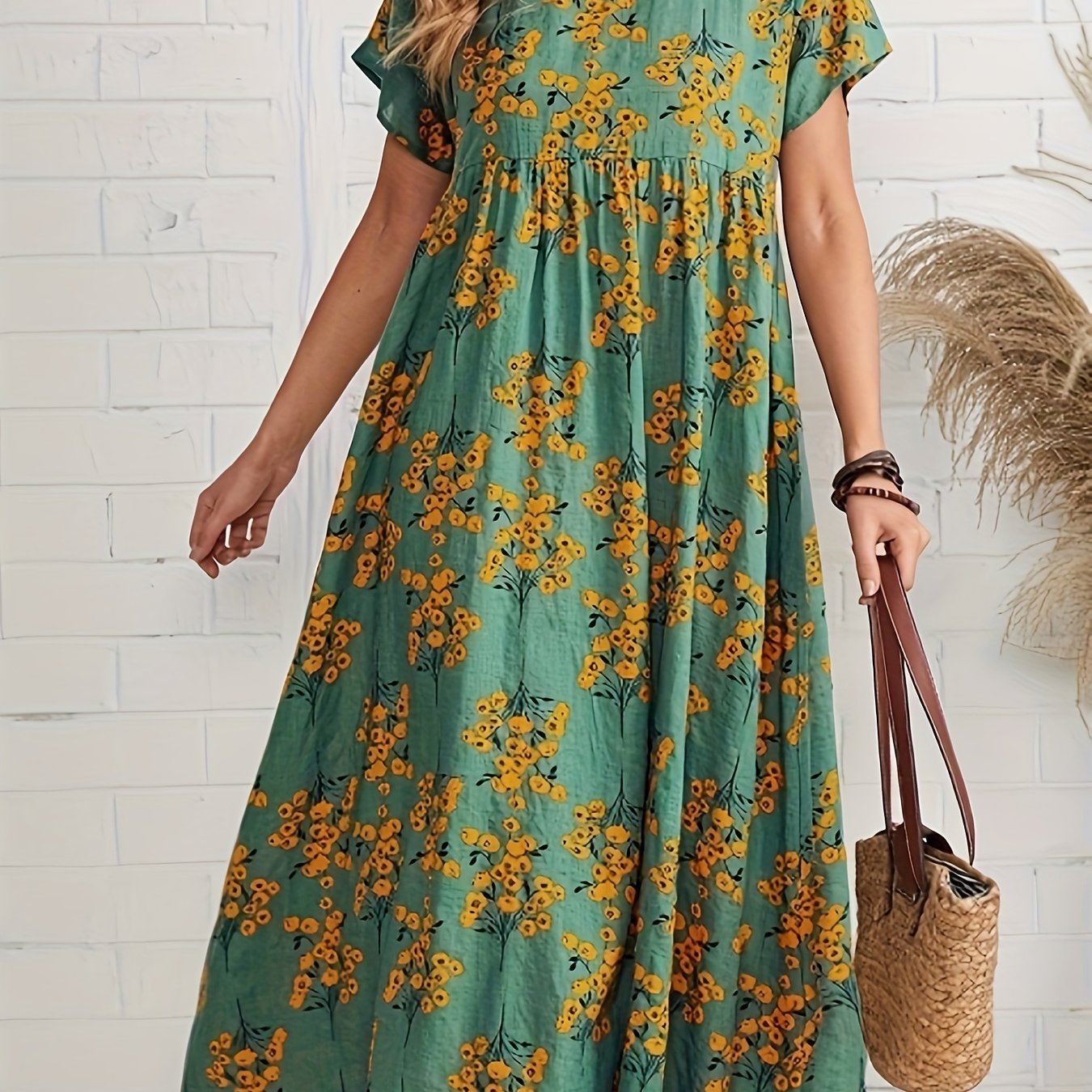 Women's Floral Print Polyester A-Line Midi Dress with Drop Shoulder Sleeves for Spring Summer Fall