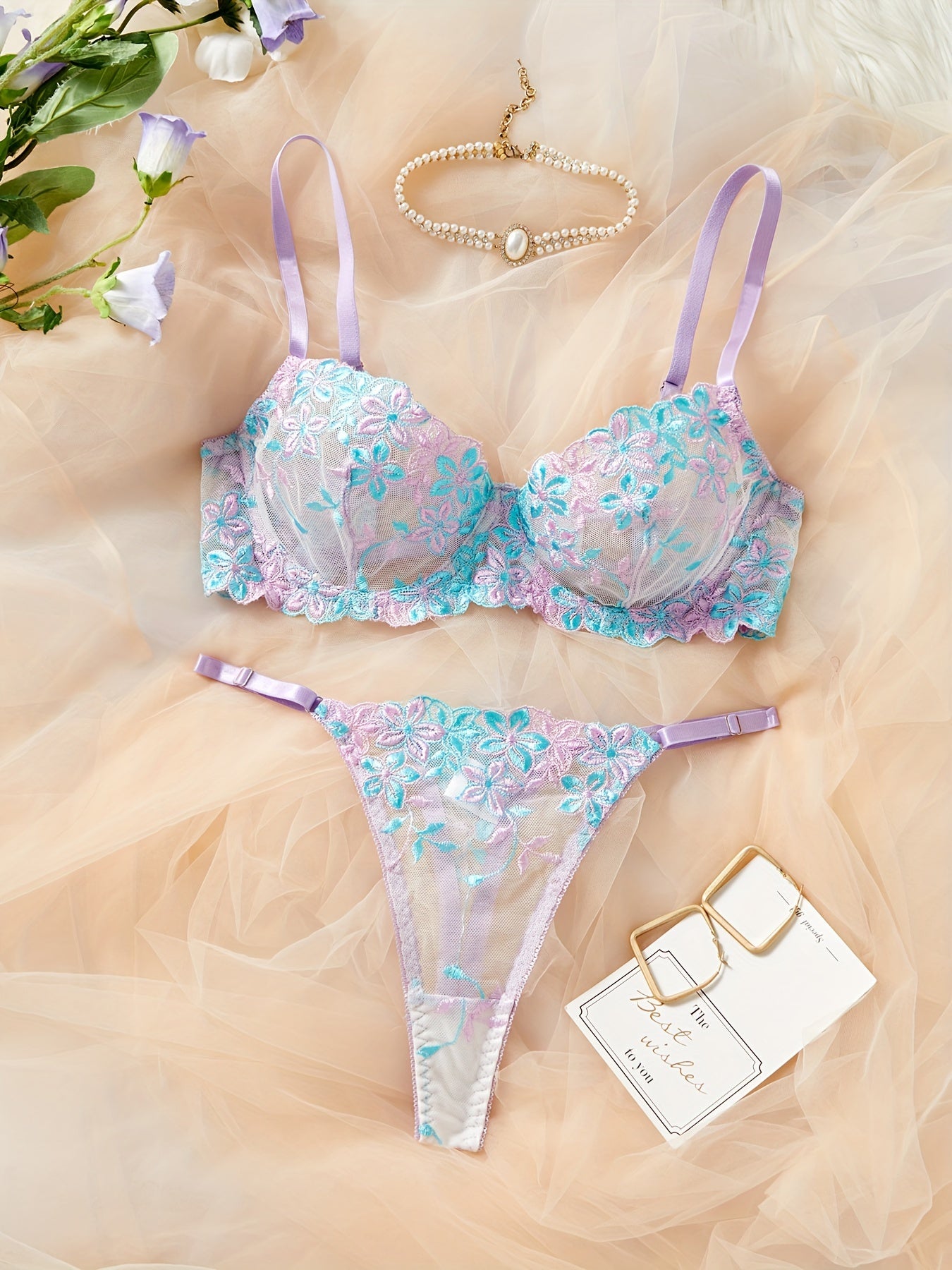 Women's Lace Satin Lingerie Set with Underwire and Adjustable Straps