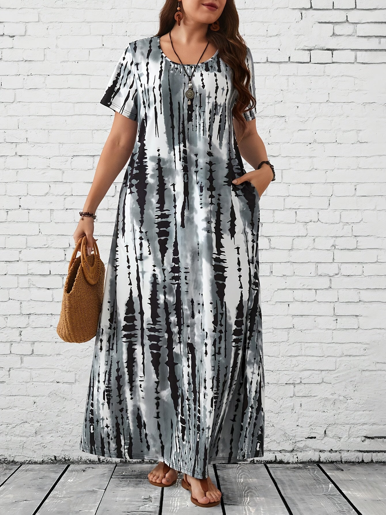 Katta o'lchamdagi tie dye ankle dress, crew neck qisqa yeng, ayollar kiyimlari