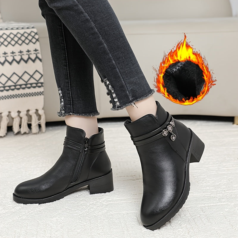 Women's Faux Leather Ankle Boots with Chunky Heel Side Zipper Non-Slip Sole