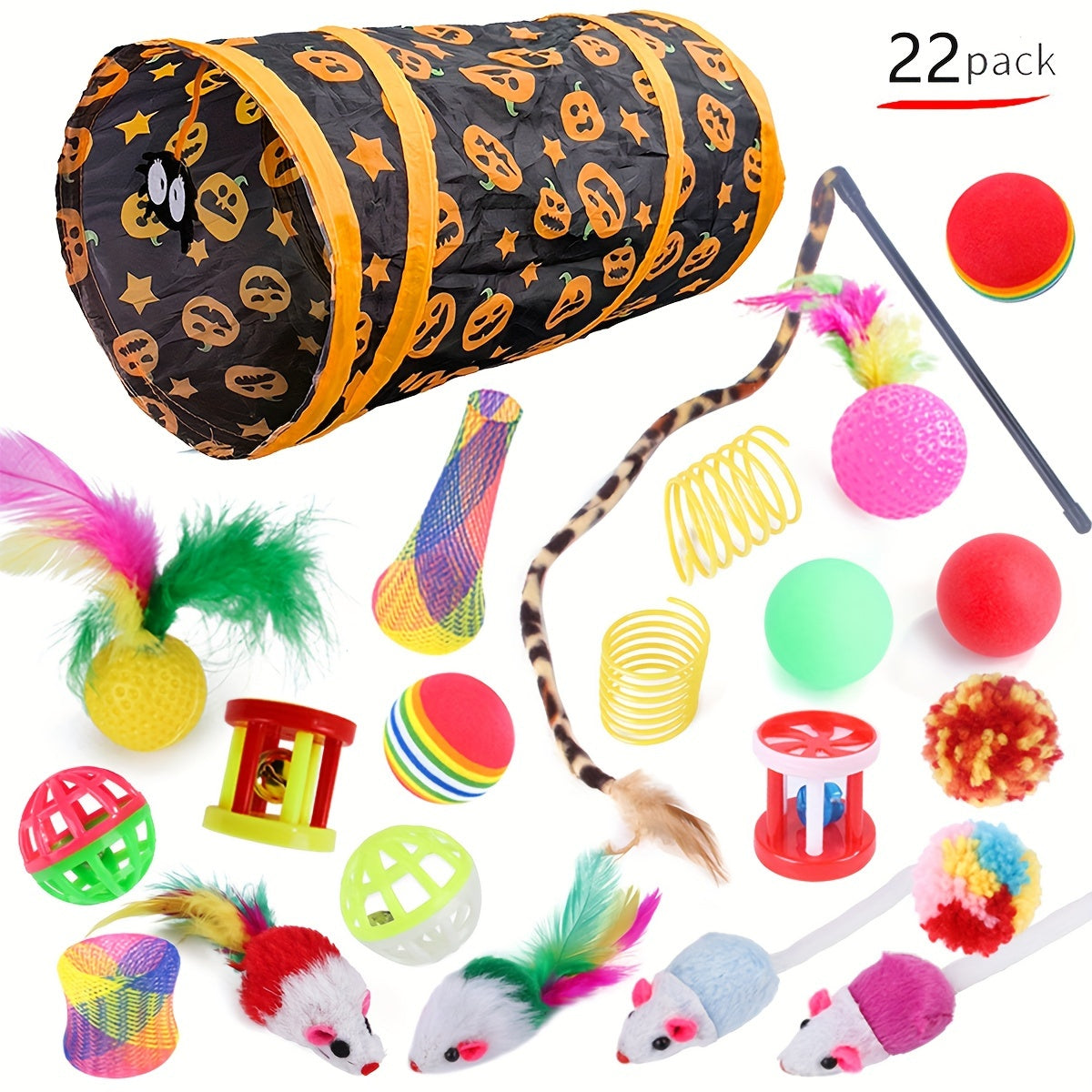 22-Piece Cat Toy Set with Tunnel Crinkle Balls Feathers Playballs for Indoor Cats