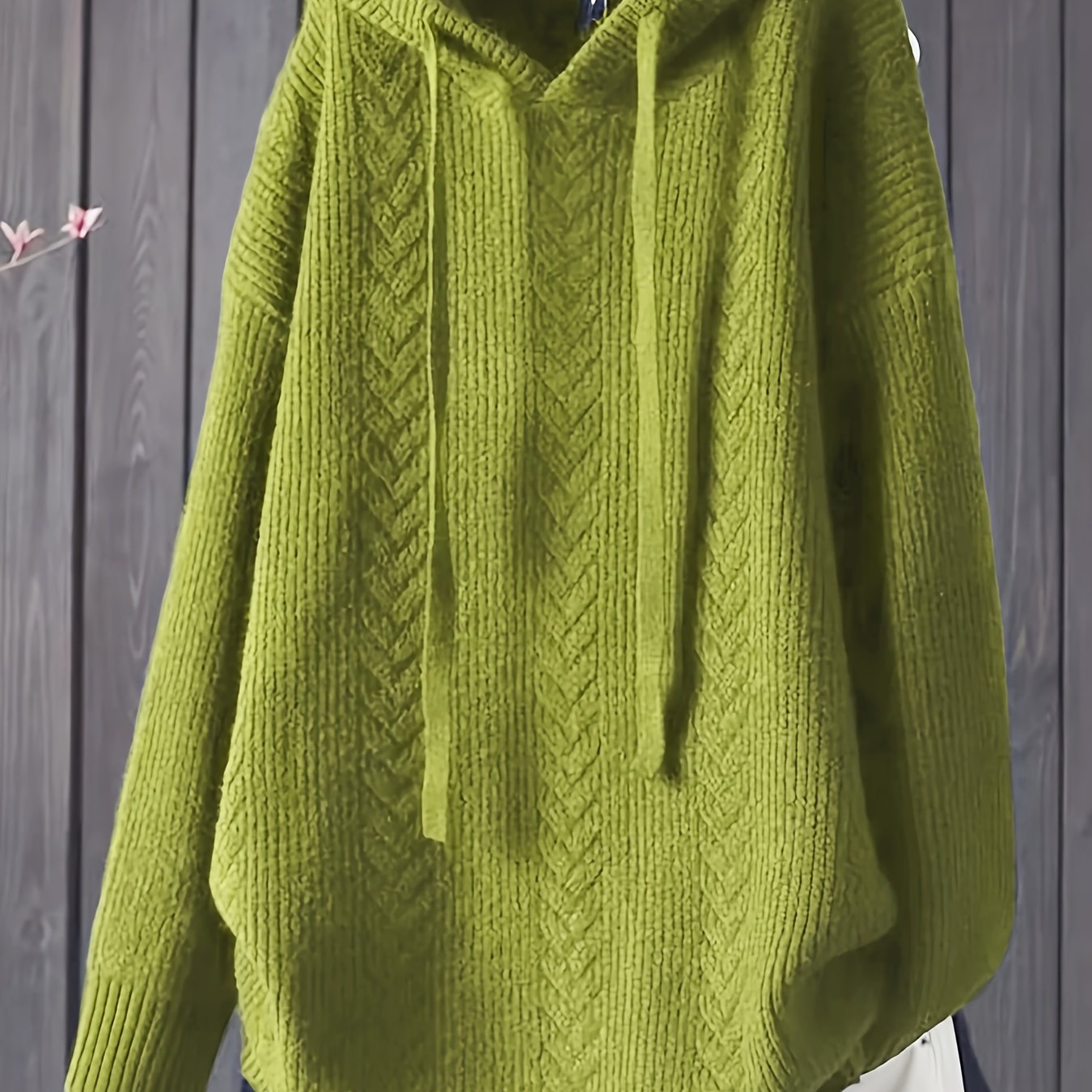 Women's Navy Blue Hooded Sweater with Drawstring and Ribbed Texture