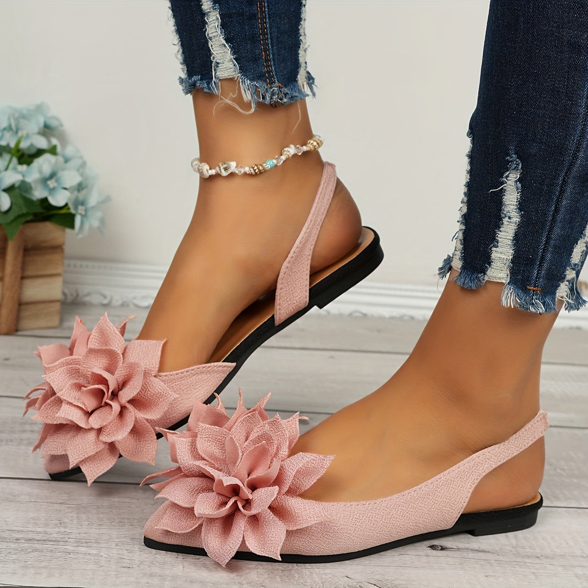 Women's Black Fabric Flat Sandals with Double Flower Embellishment