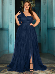 Plus Size Green Gown with Ruffled Sleeves and Layered Skirt for Formal Events