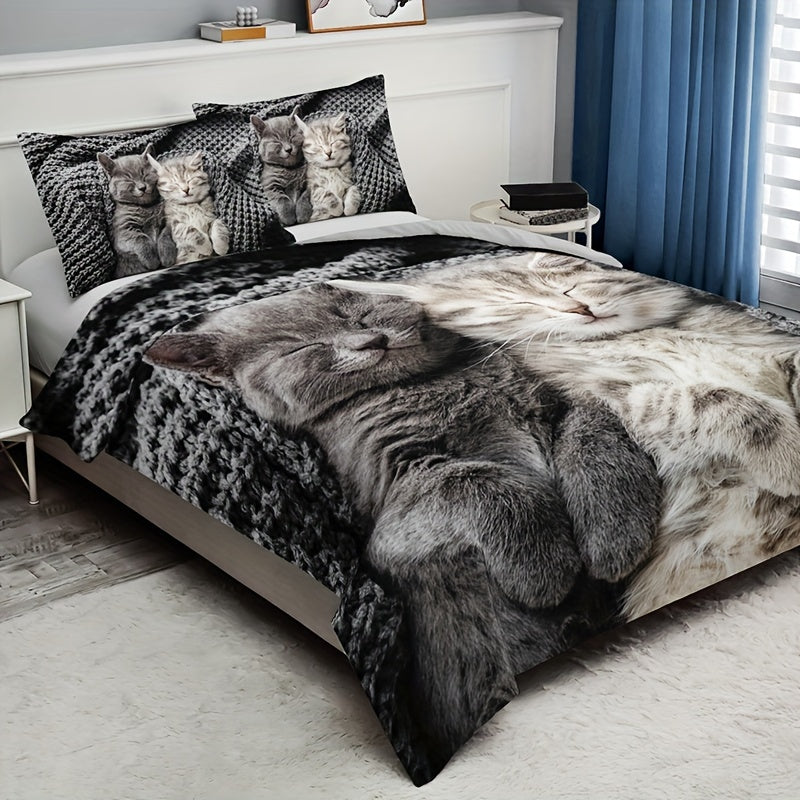 Cute Cat Print Duvet Cover Set 3 Pieces Soft Breathable Polyester All Seasons