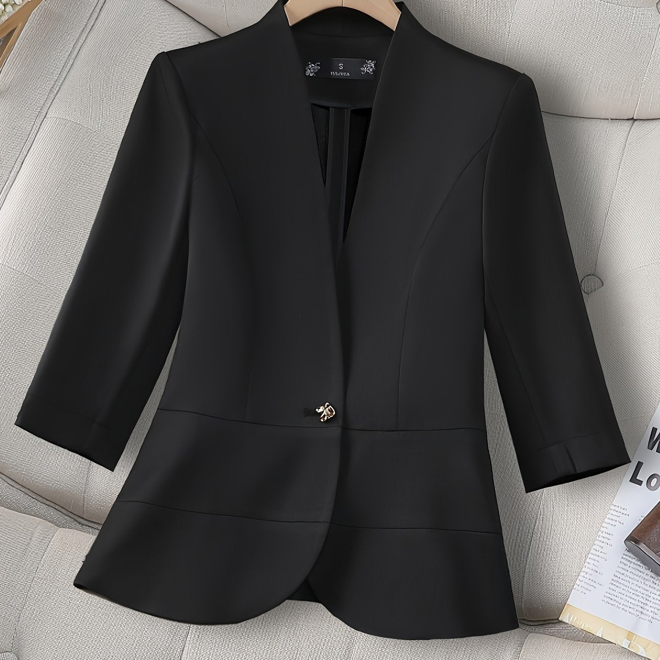 Plus Size Women Blazer Three-Quarter Sleeve Solid Color Office Casual