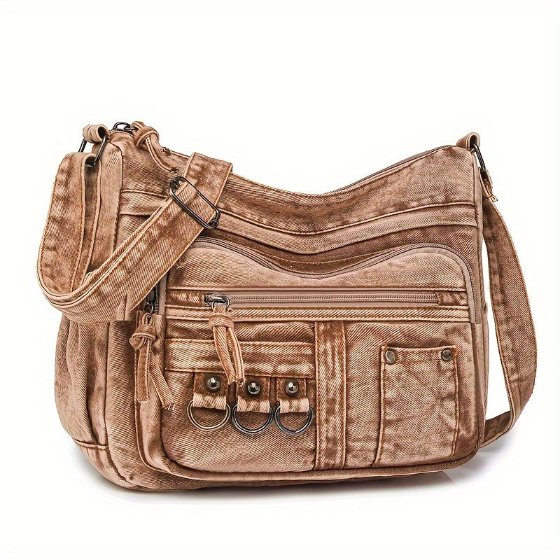 Ayollar uchun vintage yuvilgan denim yelka sumkasi, fermuari bilan yopiladi, Guangzhou shahrida ishlab chiqarilgan kovboy uslubidagi kesim sumka.