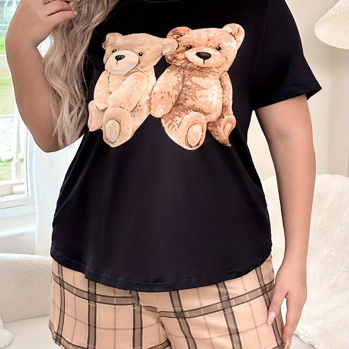 Шорты в крупную клетку с двойными медведями большого размера.