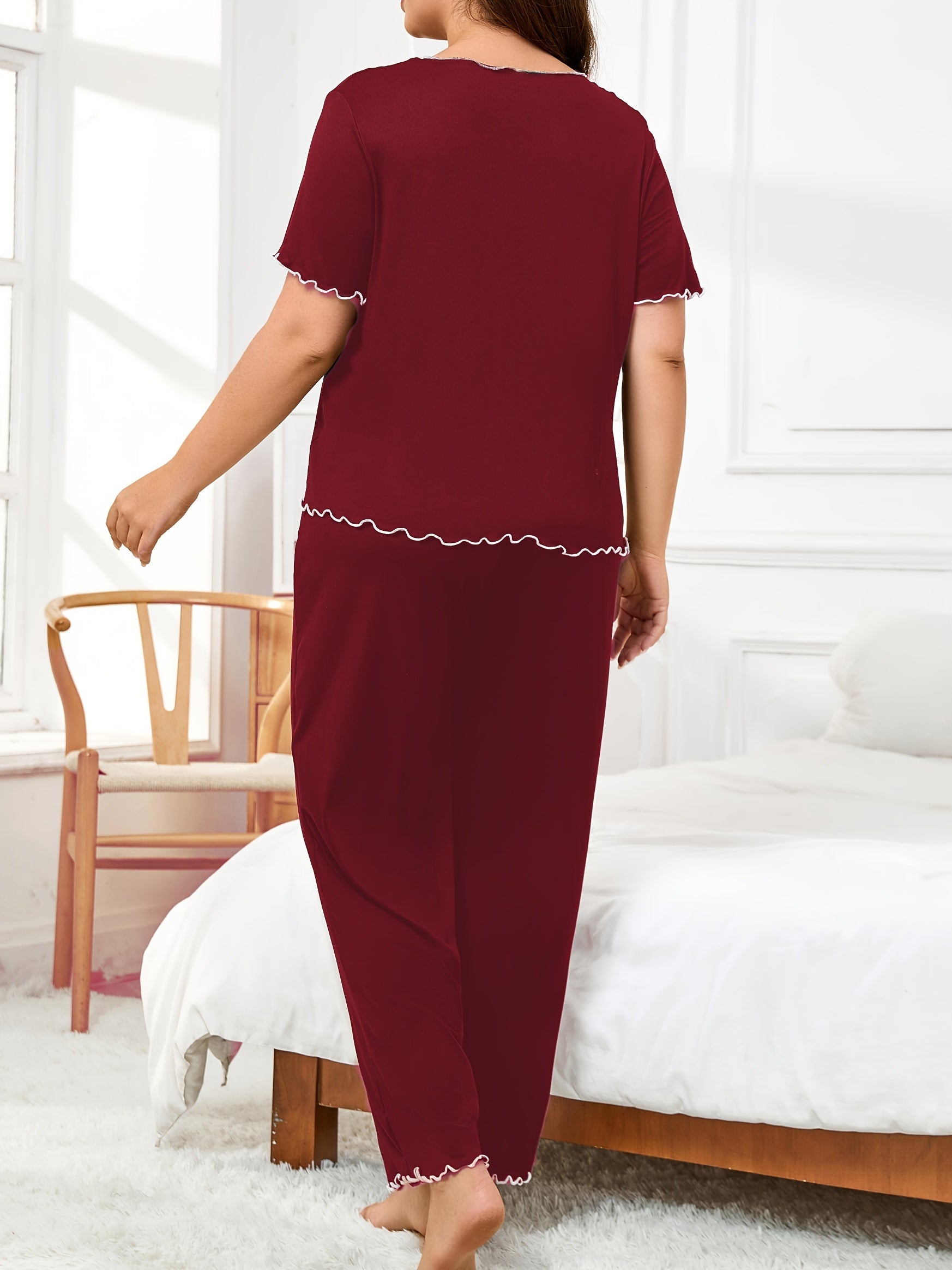 Плюс-сайз черный трикотажный пижамный комплект с кружевной отделкой, топ с коротким рукавом и длинные штаны, ночная одежда для всех сезонов