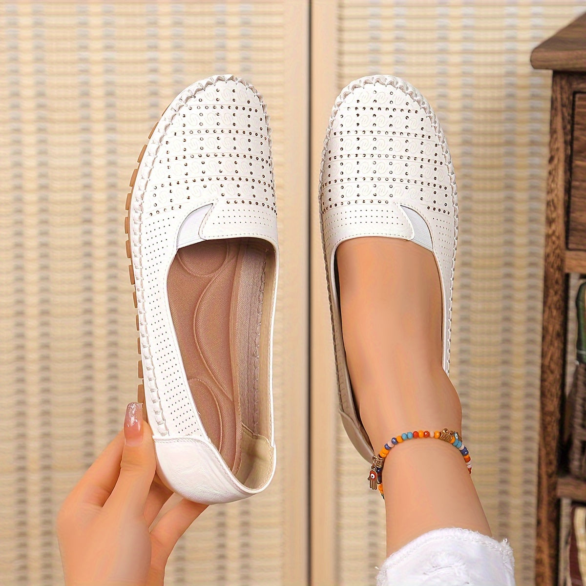 Women's White Slip-On Flat Shoes Lightweight Perforated Casual Comfort