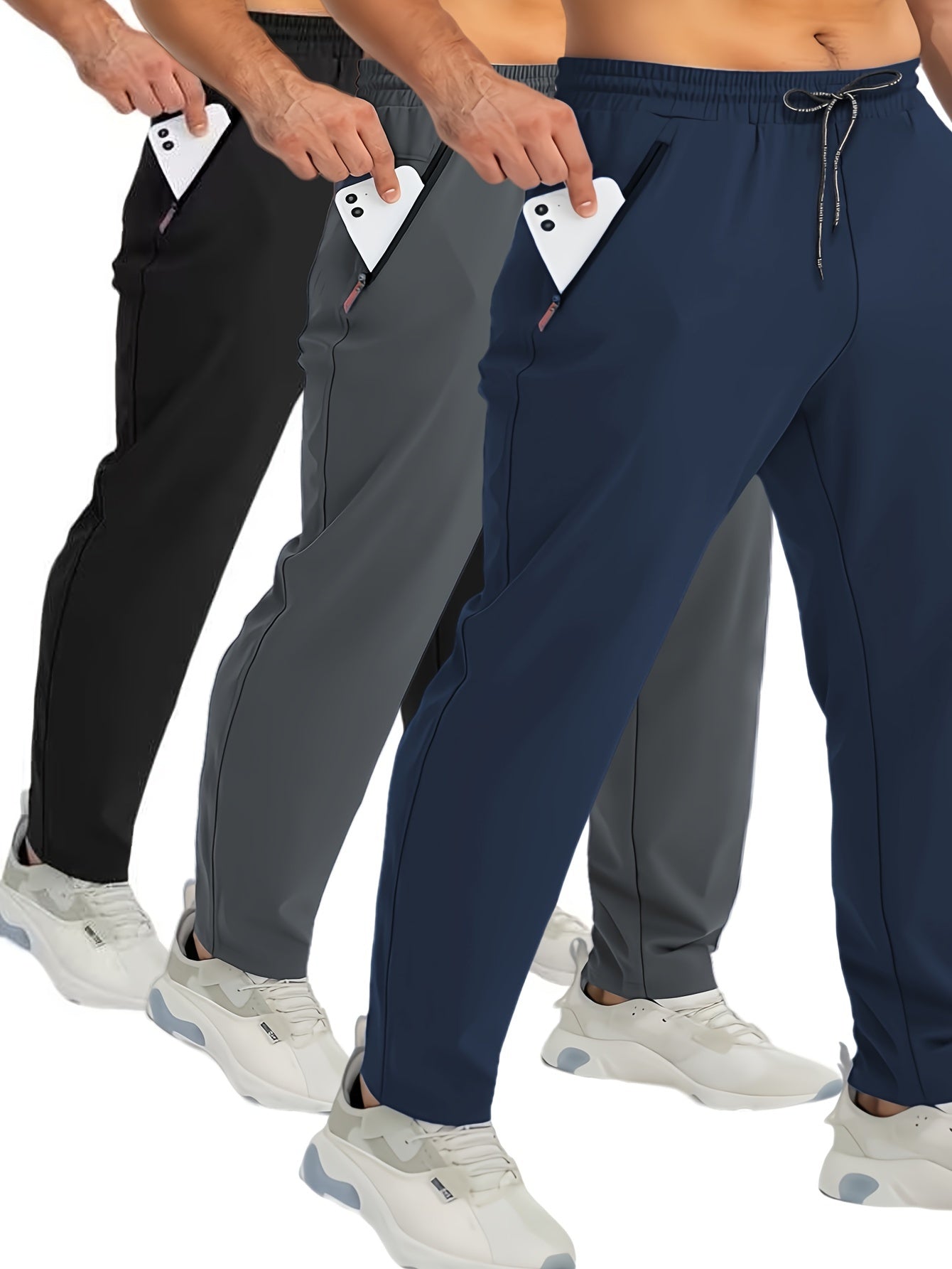 Plus Size Men's Casual Zip-Up Pants with Drawstring Waist Solid Color Polyester for Spring Summer