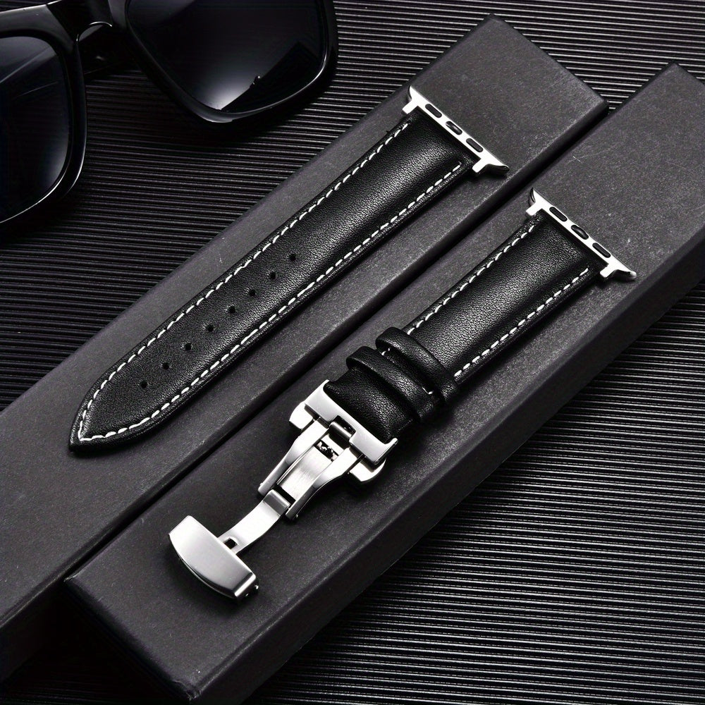PU Leather Watch Band with Butterfly Clasp Compatible with All Apple Watch Models 38/40/41mm 42/44/45/49mm