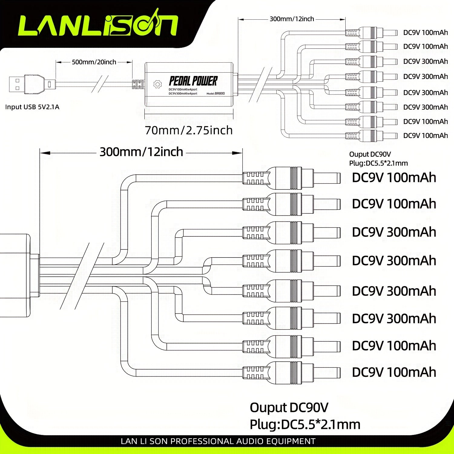 Guitar Pedal Power Supply 8-Port Isolated DC with USB Charging Adapter