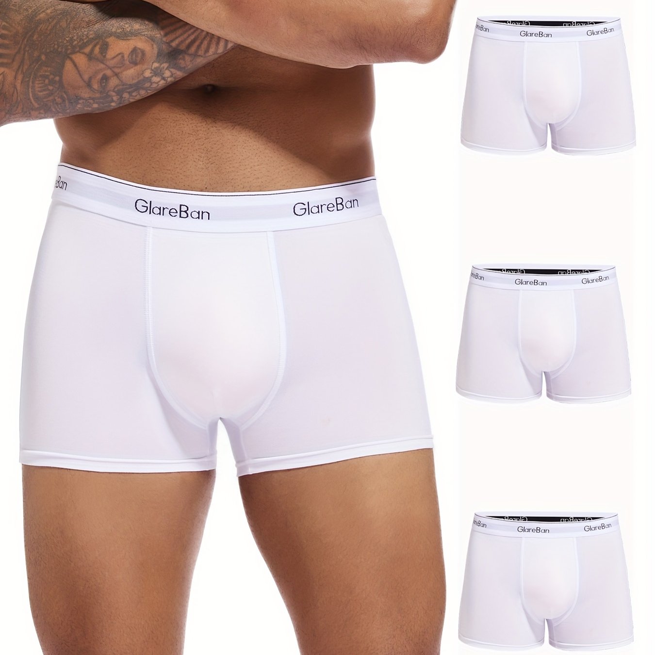 Men's White Boxer Briefs Set 3 Breathable Polyester Blend Elastic Waist Non-See-Through Comfortable Casual