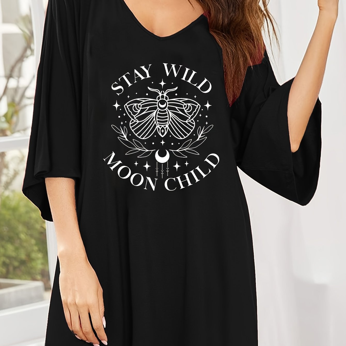 Women's Plus Size Loungewear Dress Butterfly Moon Slogan V Neck Sleep Dress