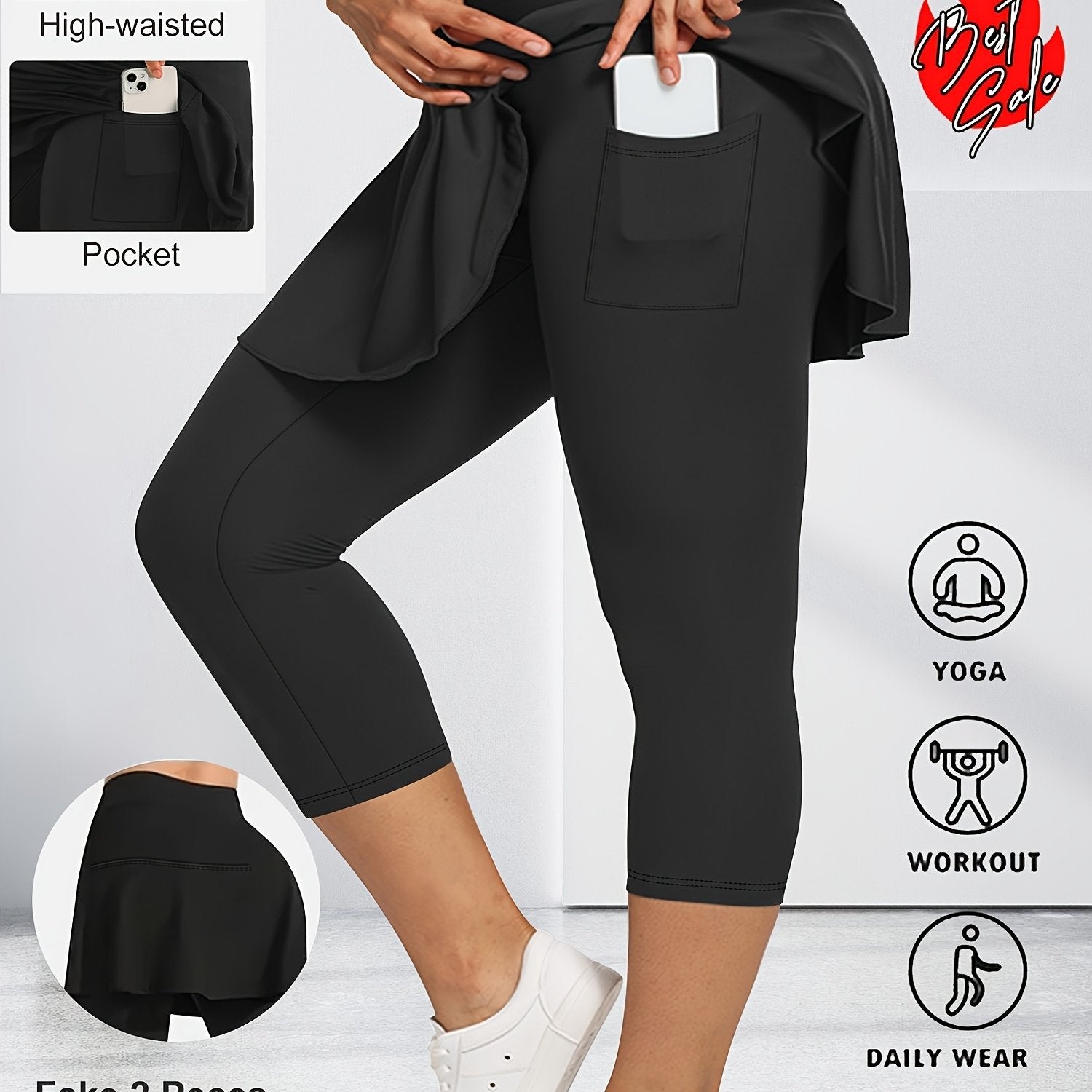 Women's High Stretch Culottes with Side Pockets Polyester Knit Solid Color Three Quarter Length Spring Summer Fall