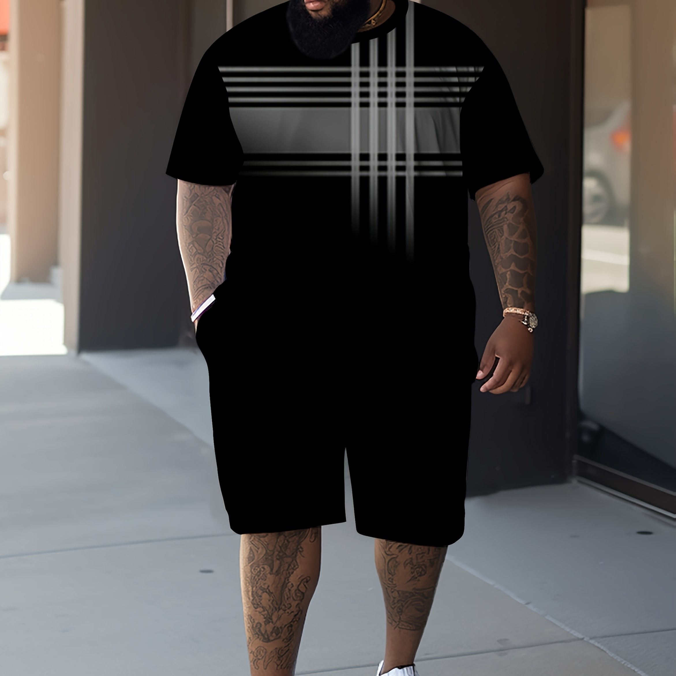 Men's Casual Short Sleeve Plaid and Printed Set Polyester Knit Fabric