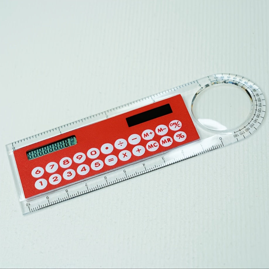 Mini Ultra-Thin Solar Calculator Ruler with Magnifying Glass 10cm Office School Supplies