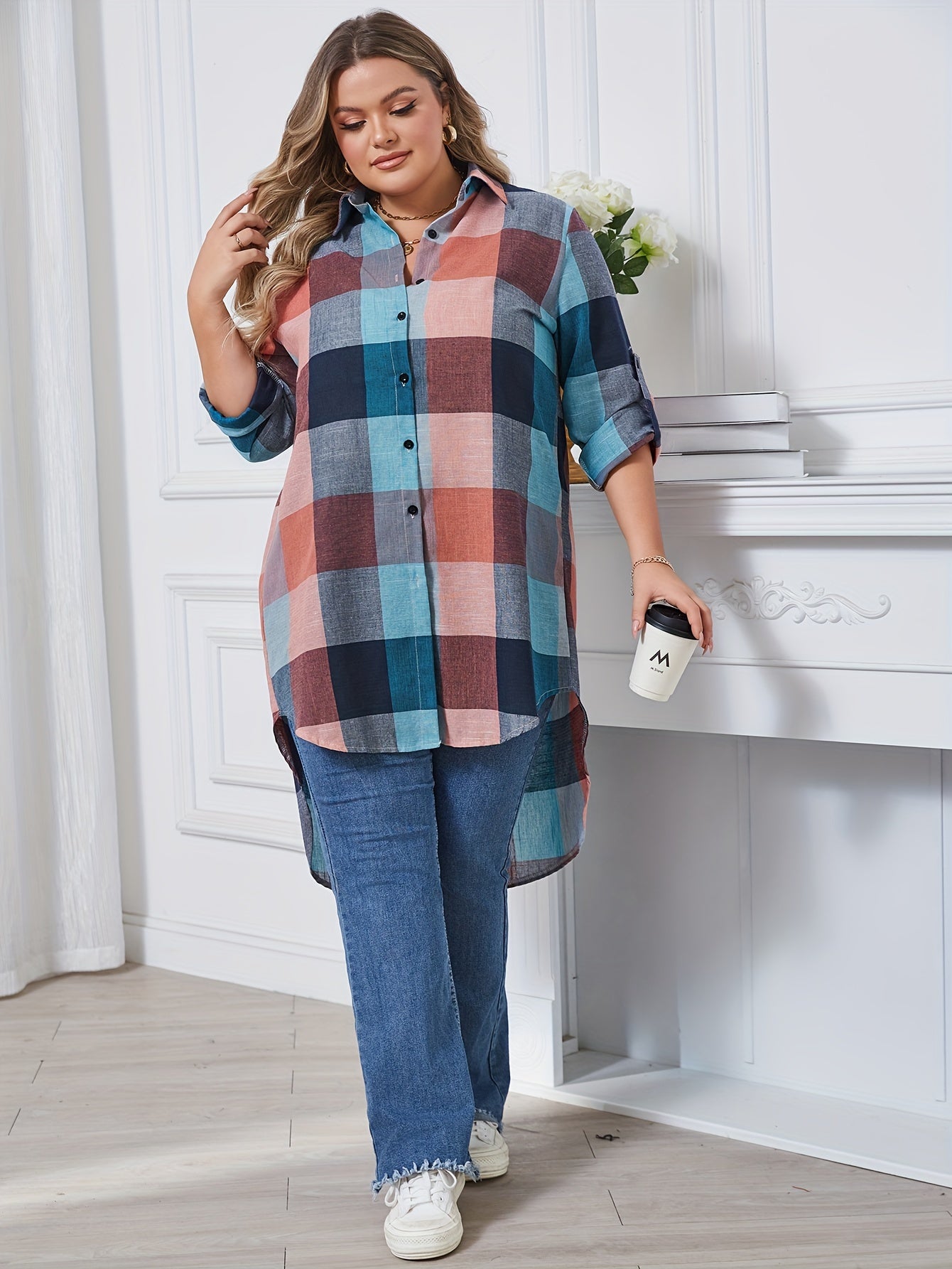 Plus Size Women's Casual Checkered Shirt Longline Button-Up Navy White Grid