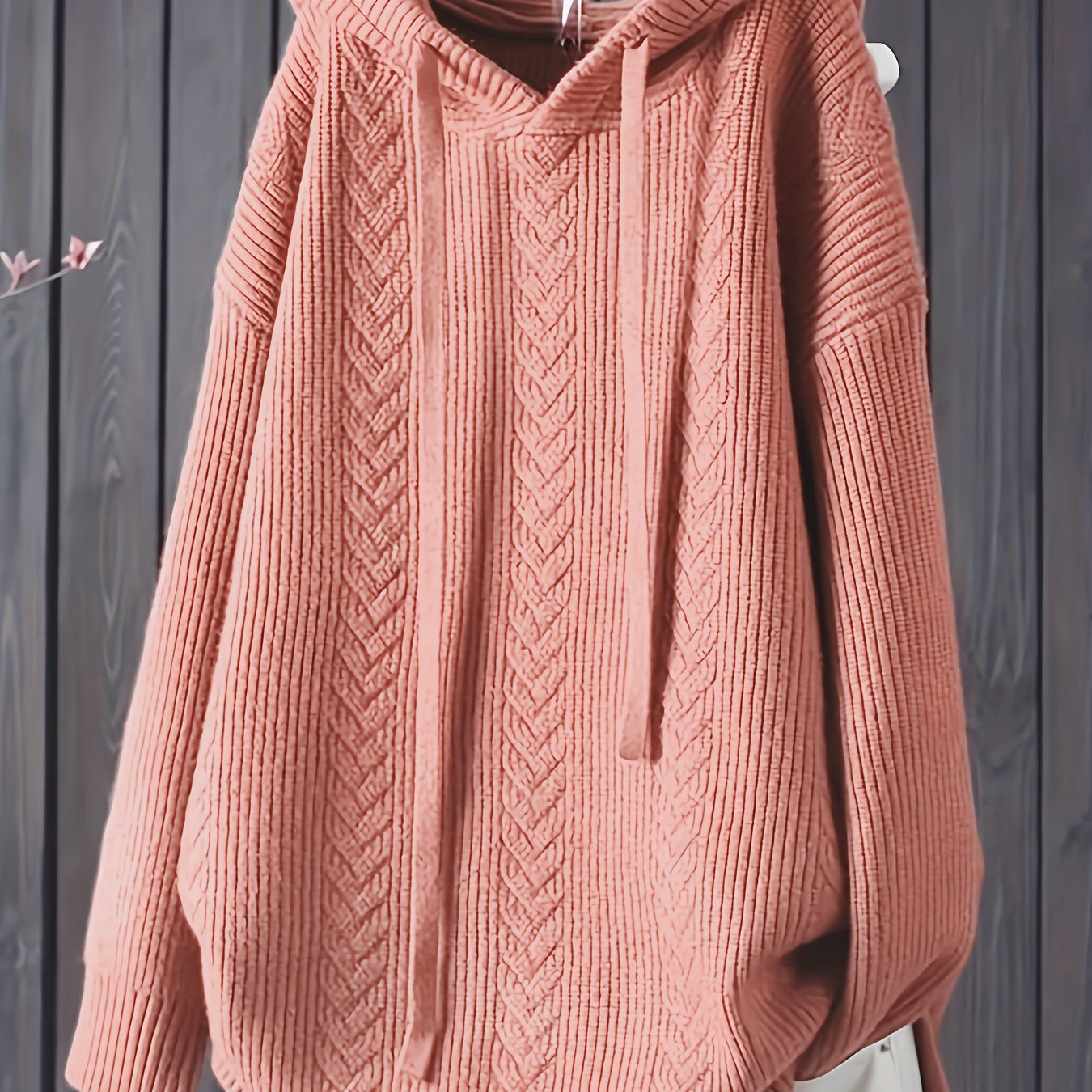 Women's Navy Blue Hooded Sweater with Drawstring and Ribbed Texture
