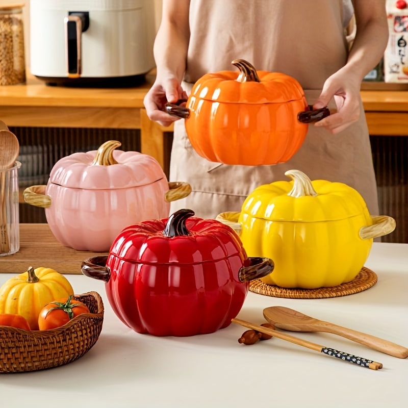 Ceramic Pumpkin-Shaped Soup Pot with Lid and Handles for Stews and Salads