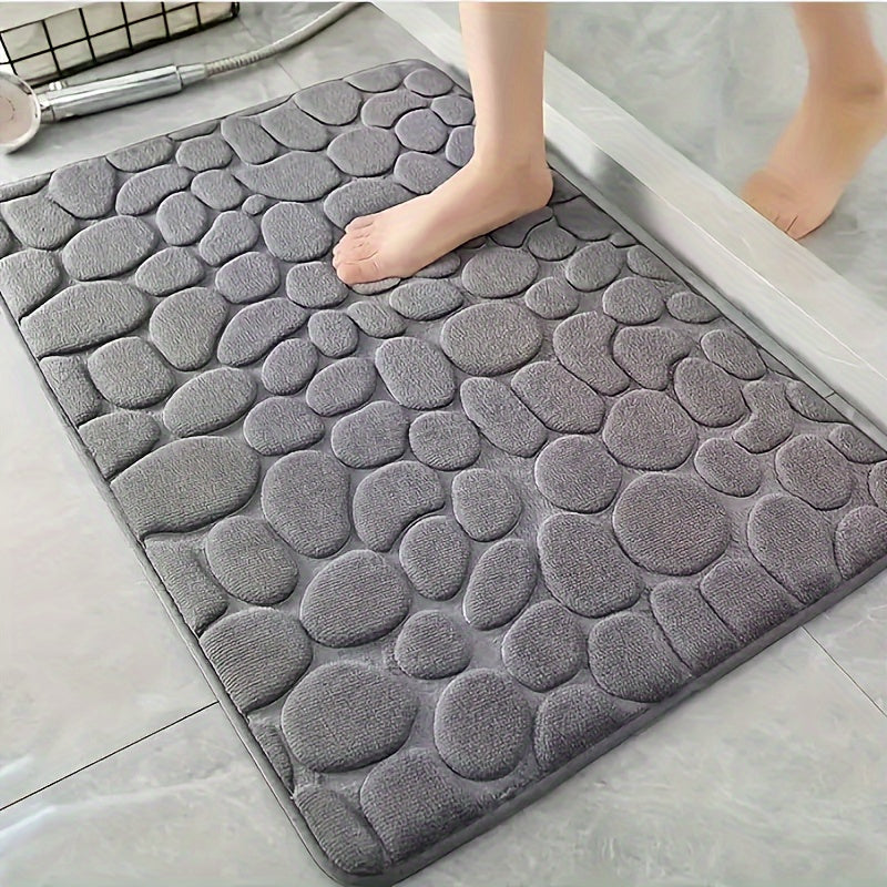 Coral Fleece Bath Mat with Geometric Pebble Design Low Pile Machine Washable Non-Slip Polyester Rug