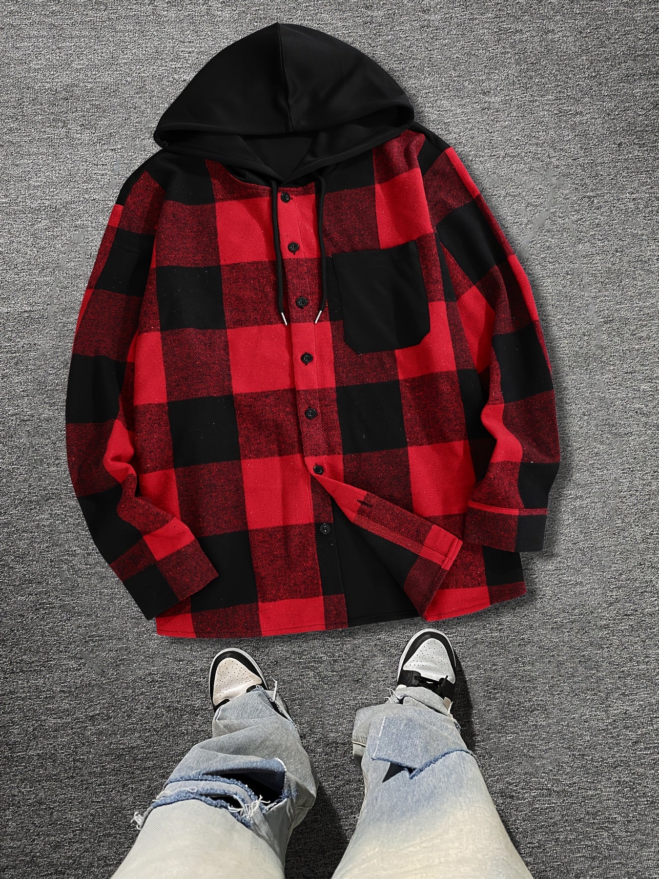 Plus Size Men's Plaid Hooded Shirt Long Sleeve Button-Up Polyester Blend Casual