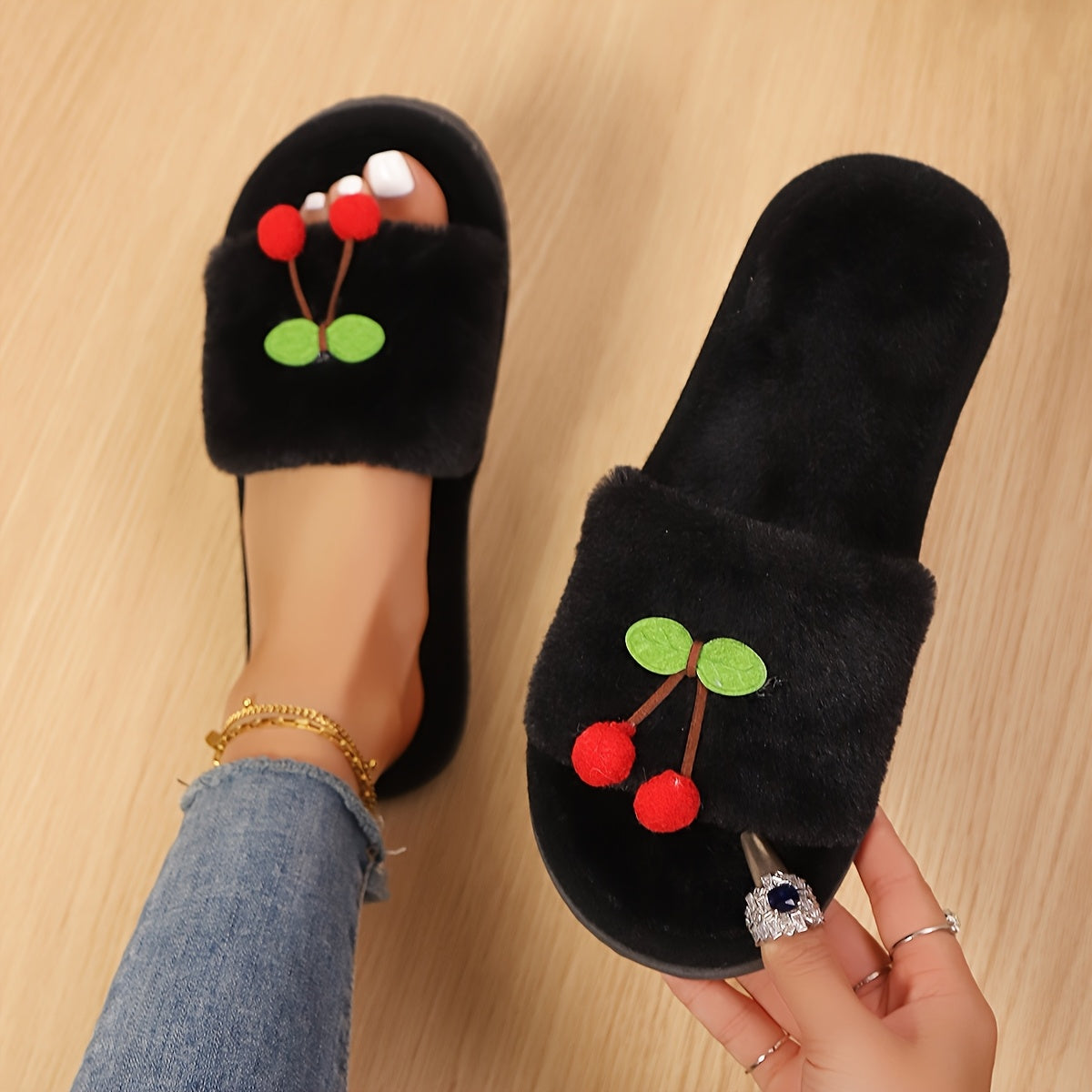 Women's Cherry Slip-On Indoor Slippers Soft Sole Lightweight Comfortable