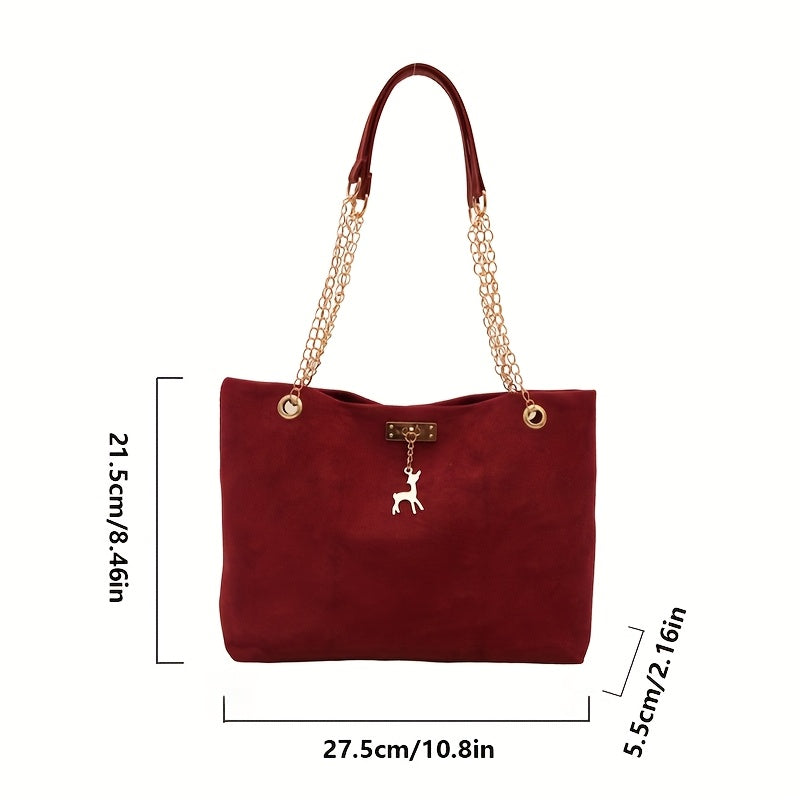 Women's Casual Faux Leather Handbag with Deer Pendant Large Capacity Lightweight Shoulder Bag in Multiple Colors