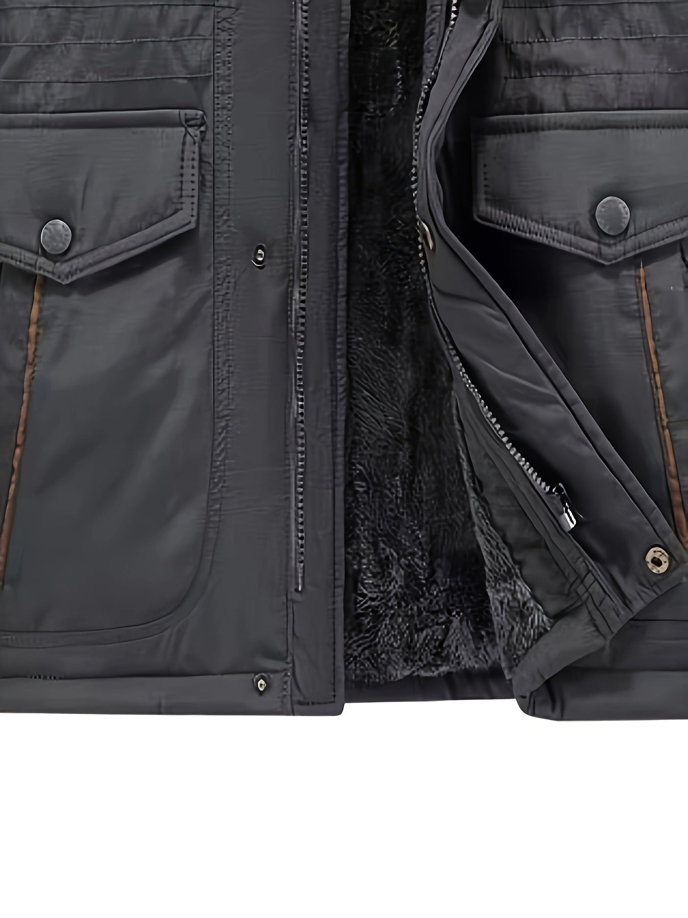 Qalin qish palto, velur astar bilan, ko'p cho'ntakli dizayn, qo'shimcha issiqlik va sovuq qarshilik uchun kapuchonli.