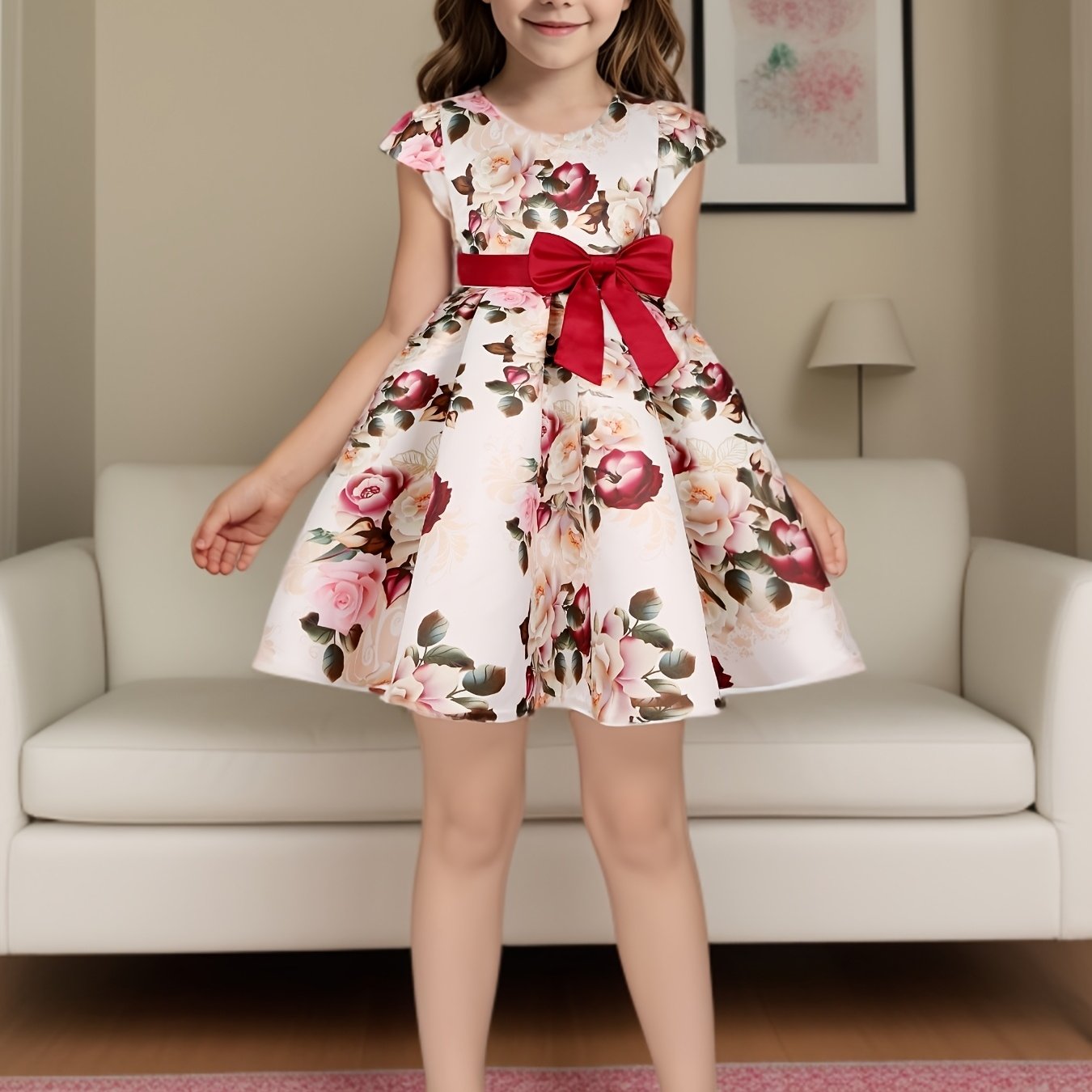 Girls Floral Print Midi Dress with Bowknot and Lace-up Details for Elegant Kids