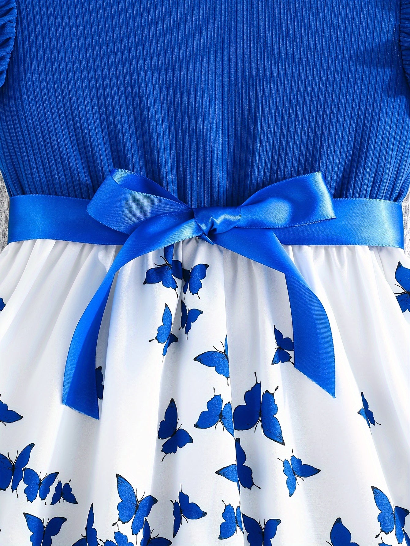 Girls Summer Butterfly Print Patchwork Dress with Belt and Sleeveless Ribbed Cuff Sleeves