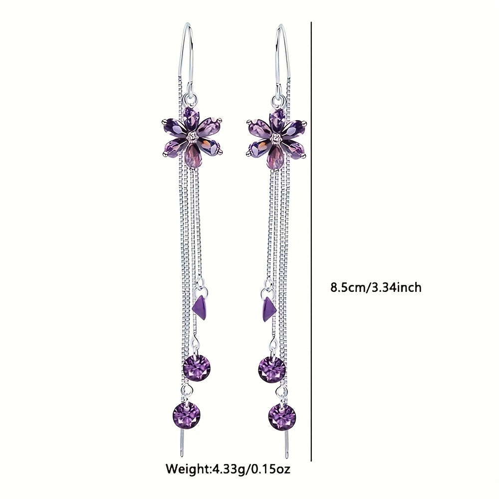Sterling Silver Purple Flower Tassel Earrings for Women Elegant Jewelry Gift