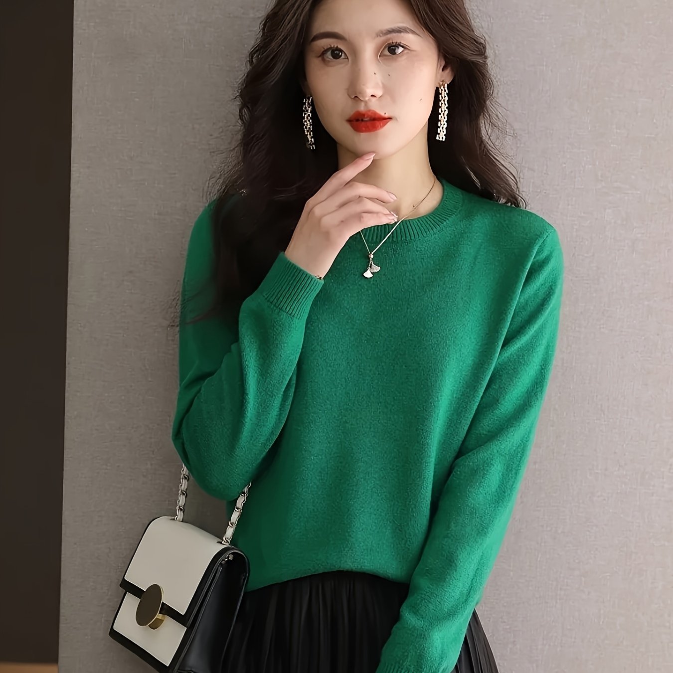 Suéter de lana merina para mujer de cuello redondo y manga larga, de color sólido, para otoño e invierno