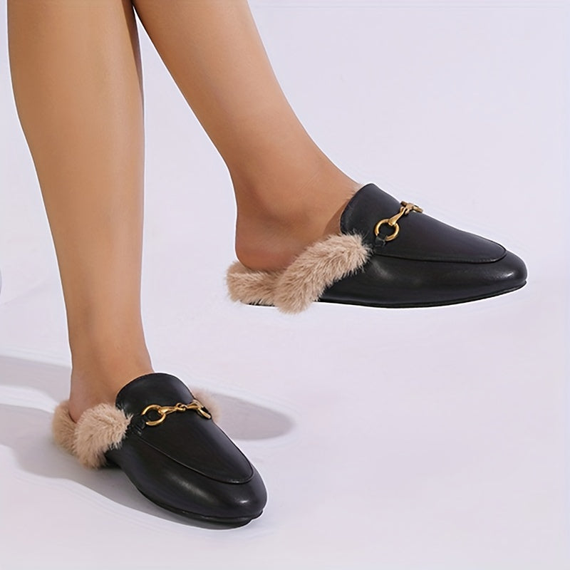 Women's Fluffy Plush Flats with Metallic Buckle Winter Warm Fleece Shoes