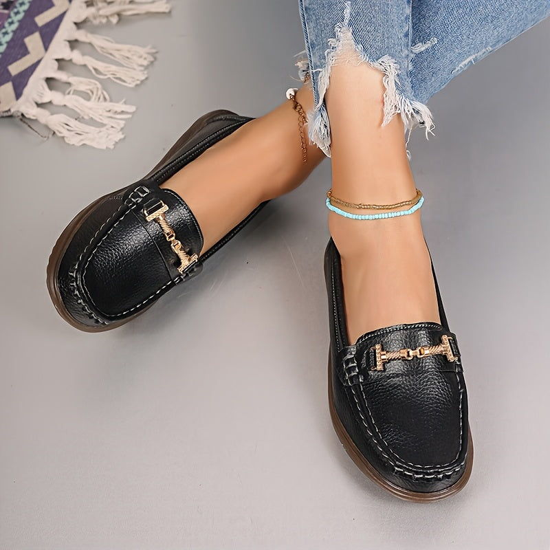 Women's Pu Cover Loafers with Metal Buckle Non-Slip Casual Shoes