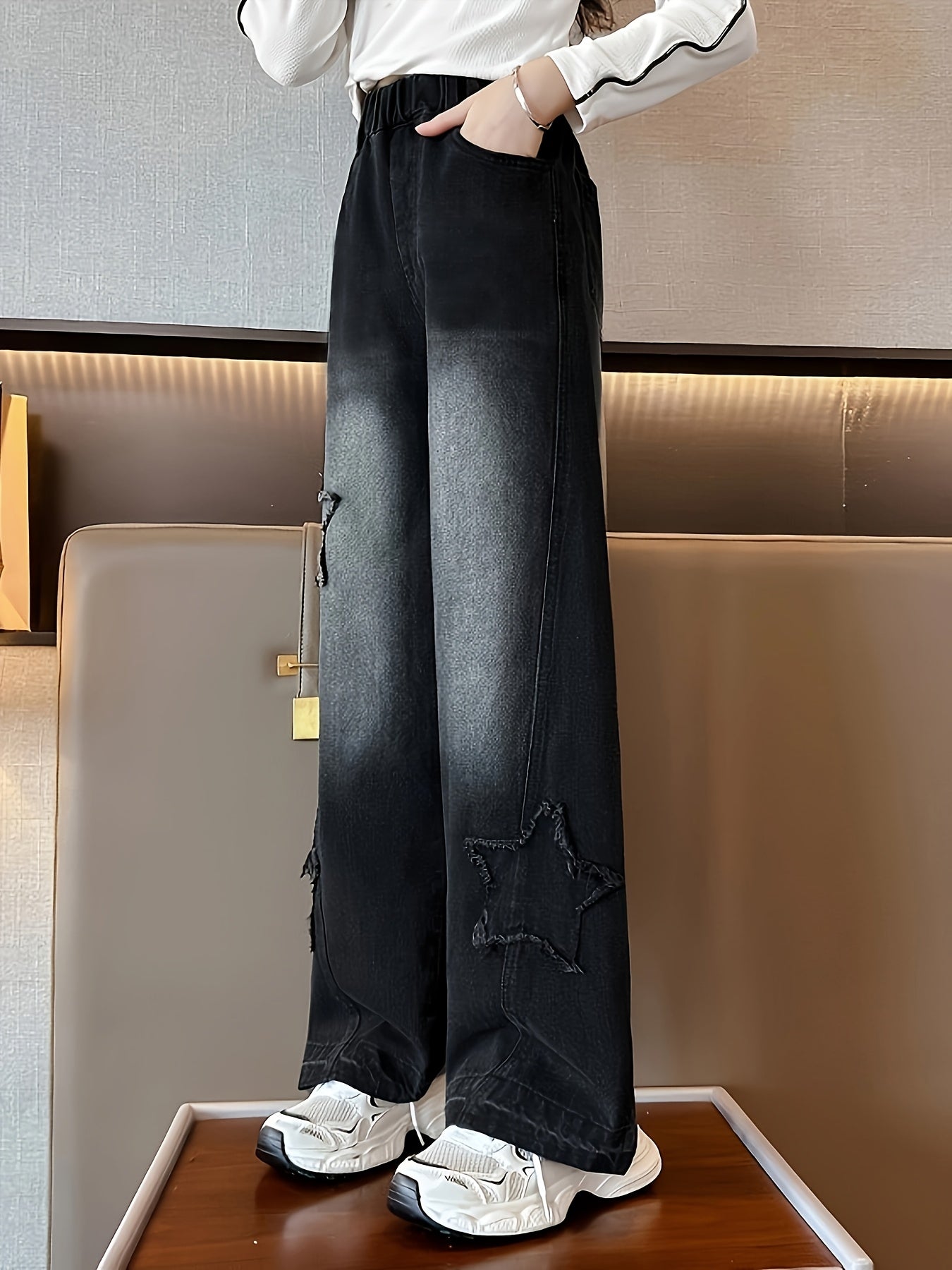 Детские широкие джинсы с звездным дизайном, высокая талия, повседневные джинсы из денима