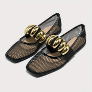 Women's Breathable Slip-On Square Toe Ballet Flat Shoes with Metallic Buckle