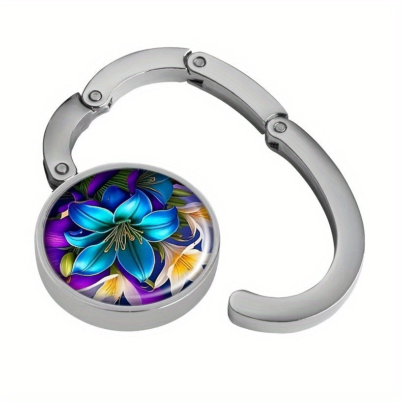 Colgador de bolso de aleación de zinc vintage con patrón de flor de lirio, gancho de bolso plegable, accesorio portátil para mesa