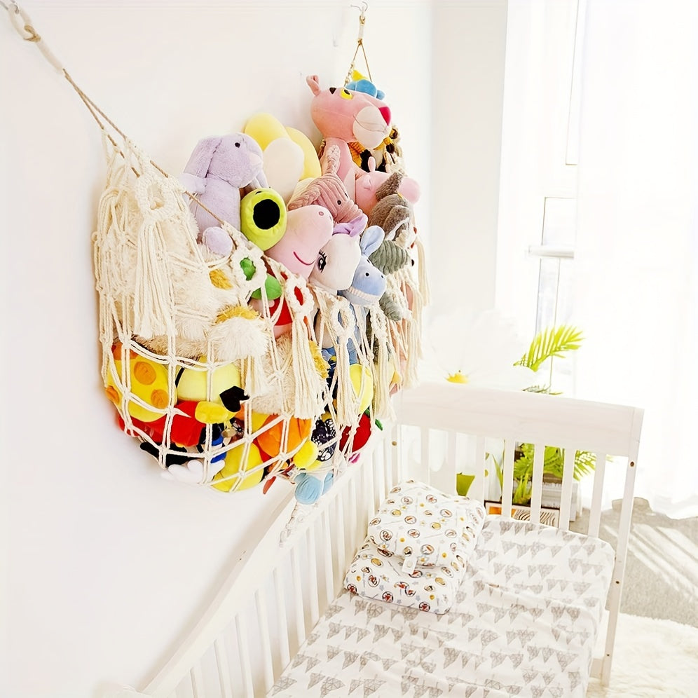 Handcrafted Lace Hanging Storage Net for Plush Toys and Cotton Rope Corner Organizer