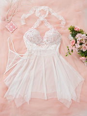 Women's See-Through Mesh Lace Lingerie Set with Deep V Dress and Thong