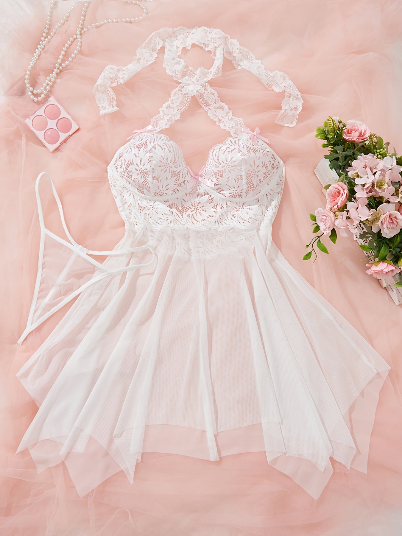 Women's See-Through Mesh Lace Lingerie Set with Deep V Dress and Thong