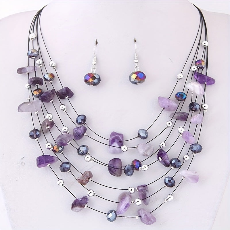 Conjunto de joyería de cristal boho-chic para mujer: collar y pendientes con capas brillantes