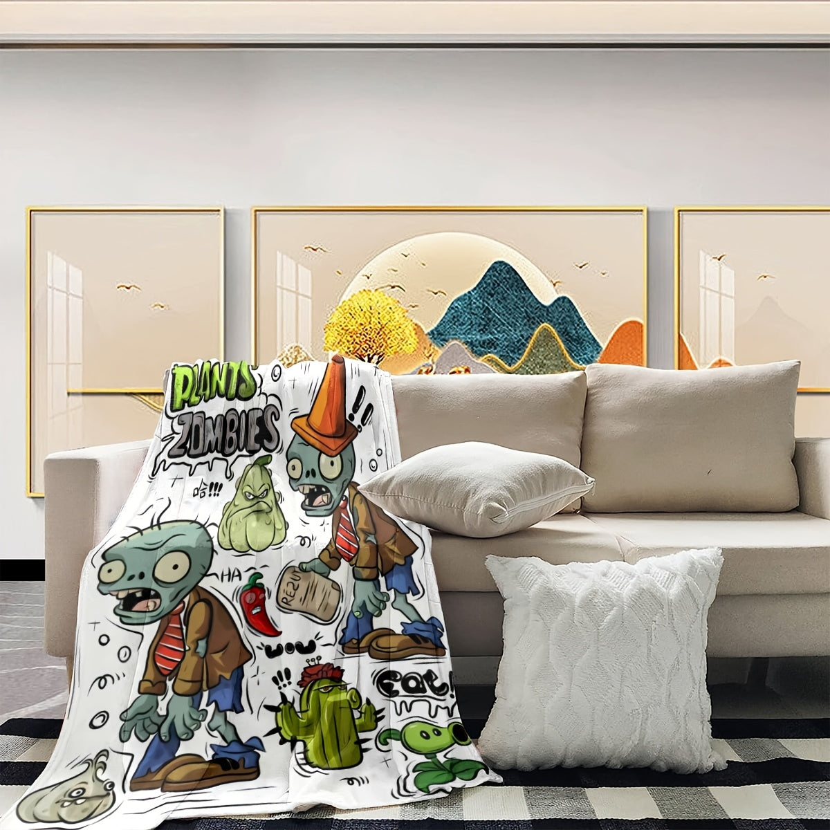 Cozy Flannel Throw Blanket with Plant and Zombie Design for Couch Bed Office Travel
