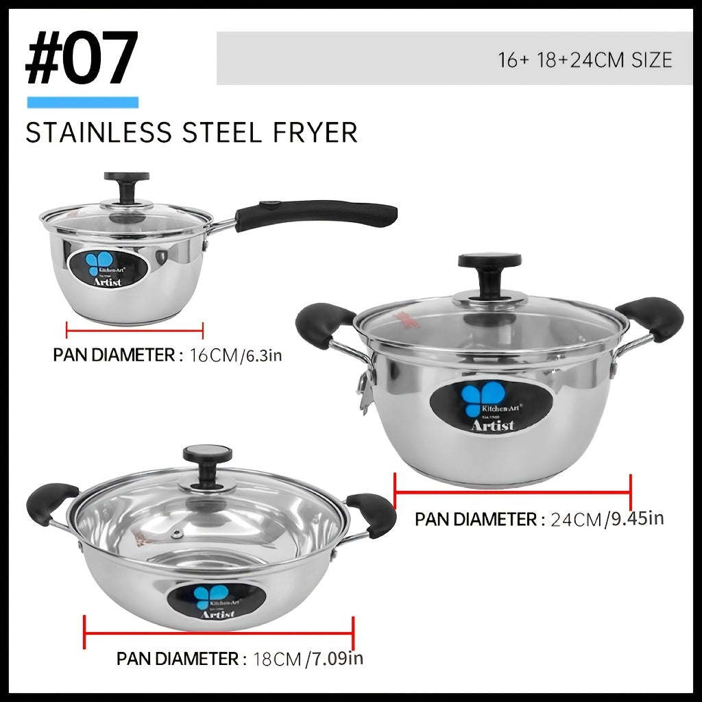 Stainless Steel Cookware Set 3 Pieces Induction Gas Stove Compatible Kitchen