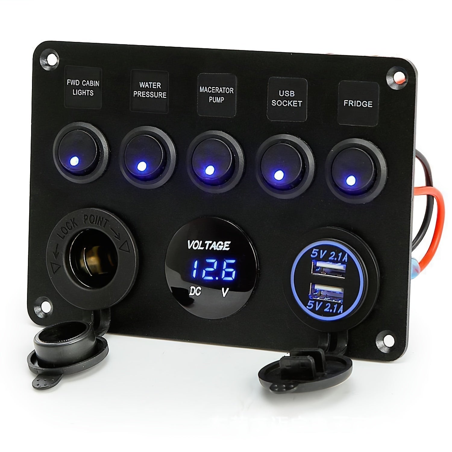 Multi-Function 5 Gang Rocker Switch Panel with USB Charger Volt and Fuse
