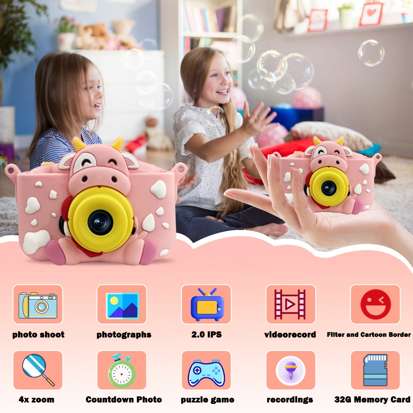 Kids Digital Camera for Ages 3-12 1080P HD Video Time-Lapse 32GB SD Card Included