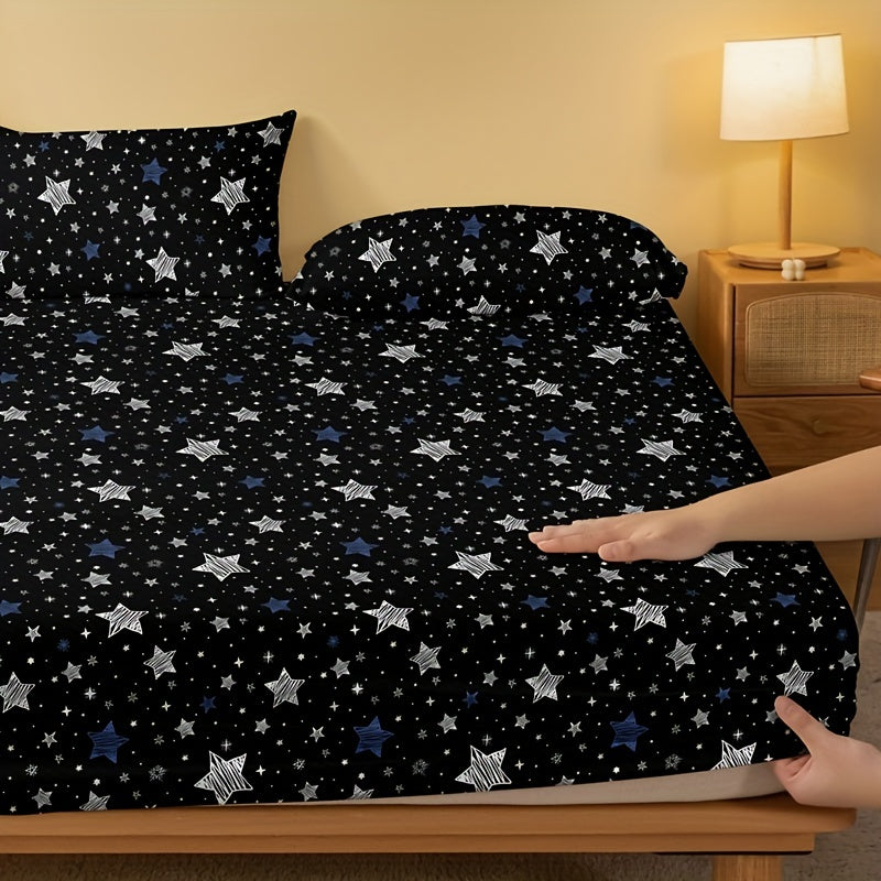 Star Print Fitted Sheet Deep Pocket Soft Bedding for Bedroom or Guest Room