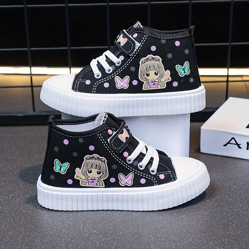 Girls' Canvas High-Top Sneakers with Cartoon Girl and Butterfly Design Breathable Rubber Sole