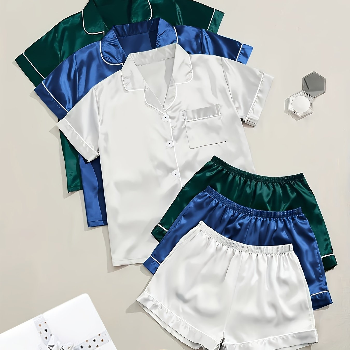 Women's Satin Sleepwear Set Short Sleeve Button Top Elastic Shorts Summer Casual